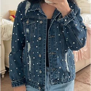 Denim Jacket with Pearl Detailing